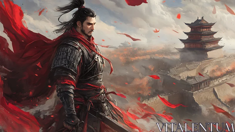 Warlord in lamellar armor overlooking fortified mountain citadel