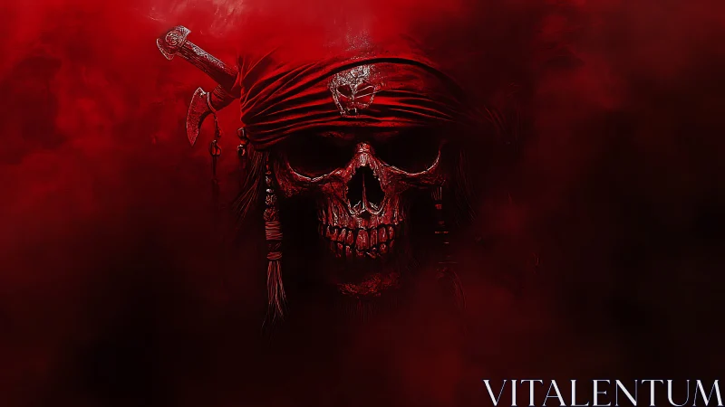 Pirate skull with red bandana emerges from dark red fog