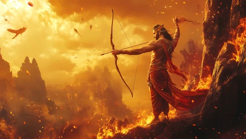 Mythic archer commands blazing canyon under molten sky.