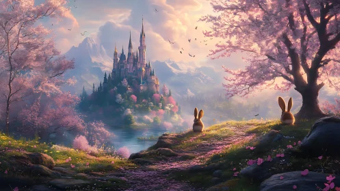 Enchanted riverside castle glows beyond spring blossoms.