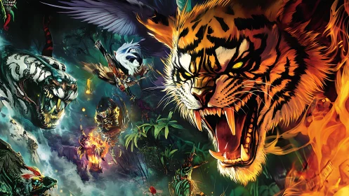 Fierce Tiger Battle Unleashed in Mystical Jungle.