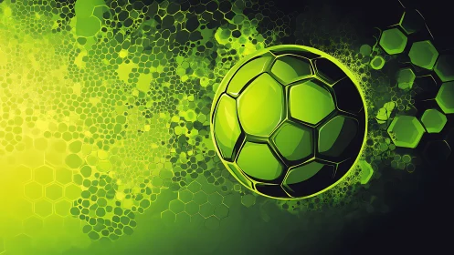 Neon soccer sphere drifts through glowing hexagon storm
