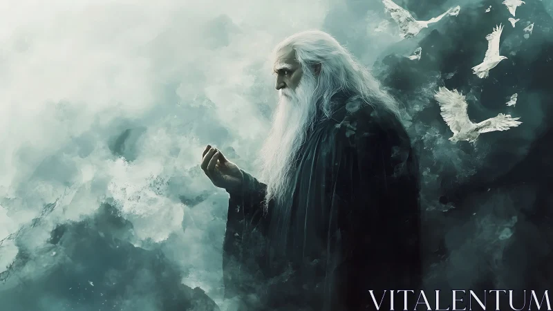 Elderly robed mage studies ethereal doves in turbulent mist field