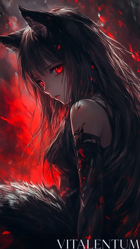Dark-haired fox girl with red eyes in fiery red light.