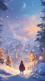 Snowy Christmas village glows under a soft winter sunset.