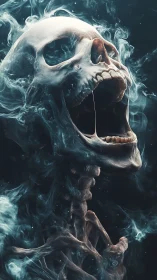 Volumetric-rendered human skull in swirling translucent smoke