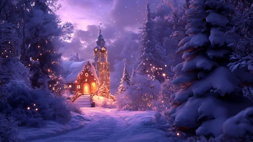 Snow-covered forest cottage with illuminated tower at dusk.