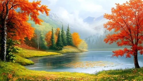 Vibrant autumn lakeside landscape rendered as digital painting