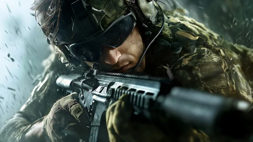 Focused modern soldier in storm of motion and steel.