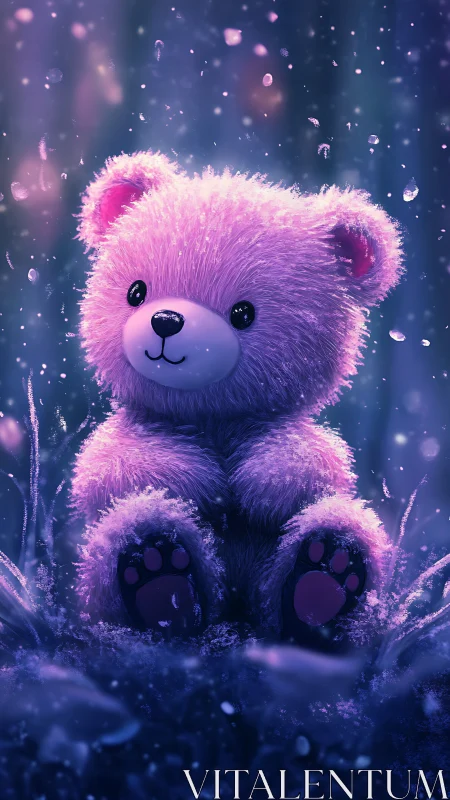 Bioluminescent violet plush teddy bear in cinematic snowfall