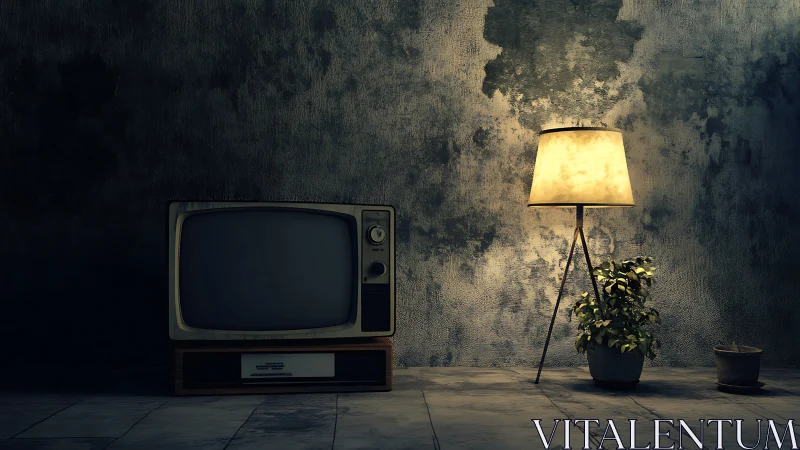 Vintage television with lit floor lamp against worn wall.