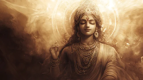 Divine goddess in radiant golden aura meditates serenely.