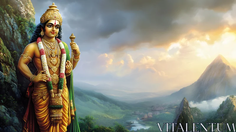 Mountain deity gazes over sunlit valley of emerald kingdoms.