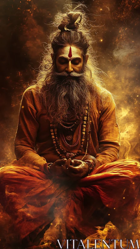 Ascetic sage in fiery meditation rendered as digital painting