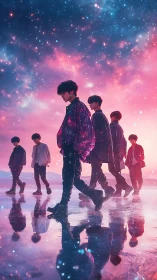 Celestial silhouettes of a walking band beneath nebula skies.