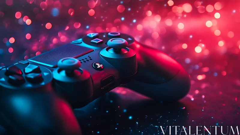 Neon-lit game controller drifting through digital stardust.