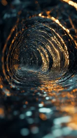 Abstract metallic tunnel with orange light reflections viewed inward.