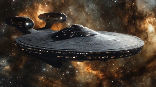 Futuristic disc-shaped starship in detailed deep space scene.