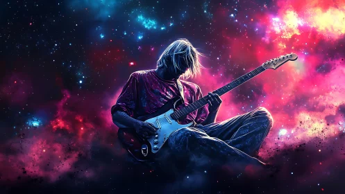 Starlit guitarist drifts through cosmic clouds in quiet joy