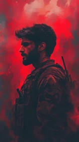 Soldier profile in red smoke digital portrait artwork.