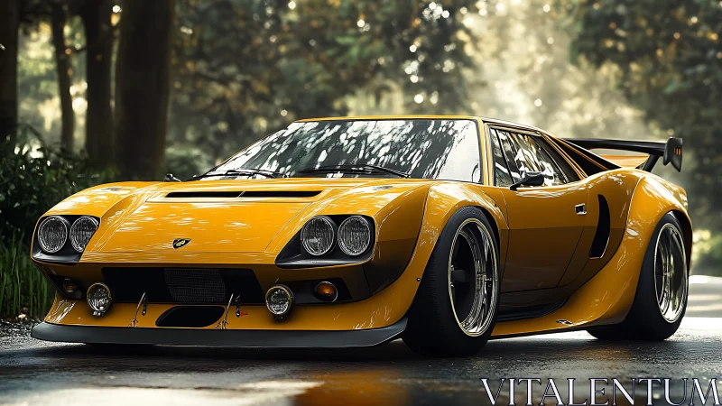 Widebody yellow classic supercar rendered with high-gloss photorealistic shaders