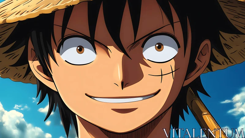 Wide-eyed straw-hatted dreamer grins into an endless sky