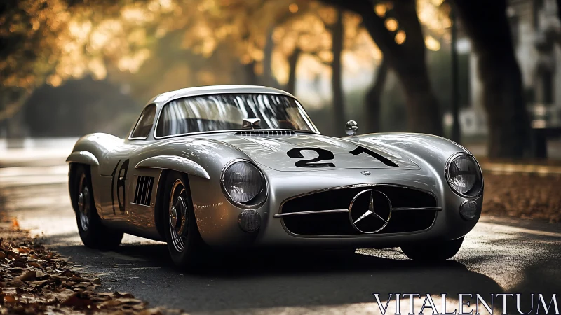 Silver vintage Mercedes race car parked on a tree-lined road