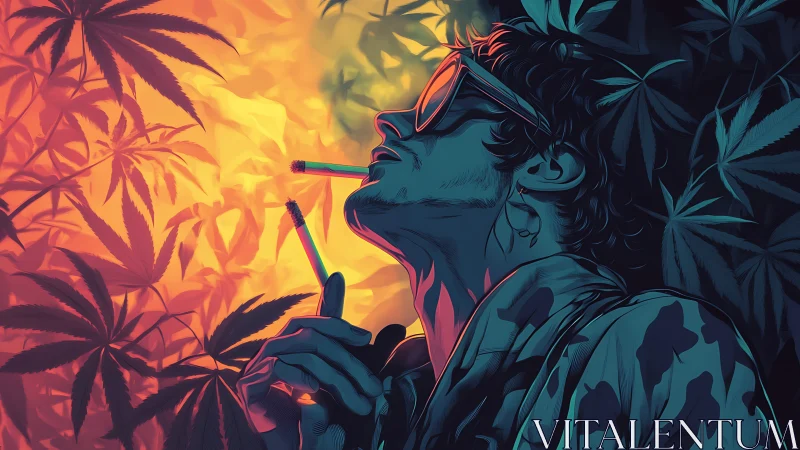 Man smoking under neon cannabis leaves in split lighting