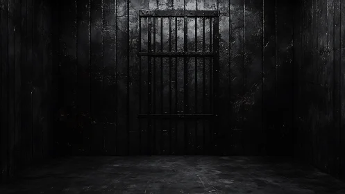 Dark solitary prison cell with metal bar door interior.