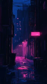 Neon-lit rainy alleyway in saturated magenta and cobalt tones.