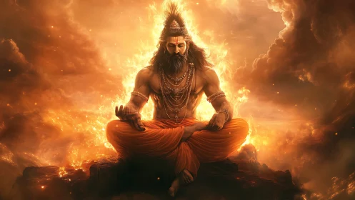 Digital painting of fiery meditative sage in radiant chiaroscuro.