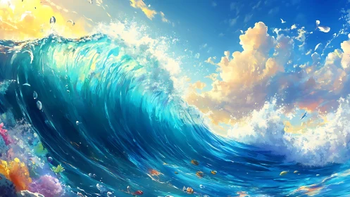 Sunlit tidal crest dancing beneath a painted cotton sky.