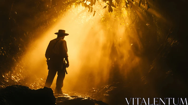 Jungle wanderer pauses beneath molten shafts of sunrise