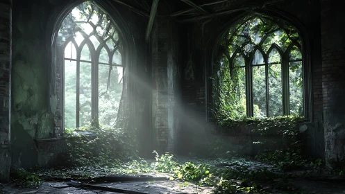Sunlit ivy reclaiming abandoned Gothic hall interior in decay