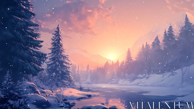 Winter river valley under luminous pastel sunset sky.