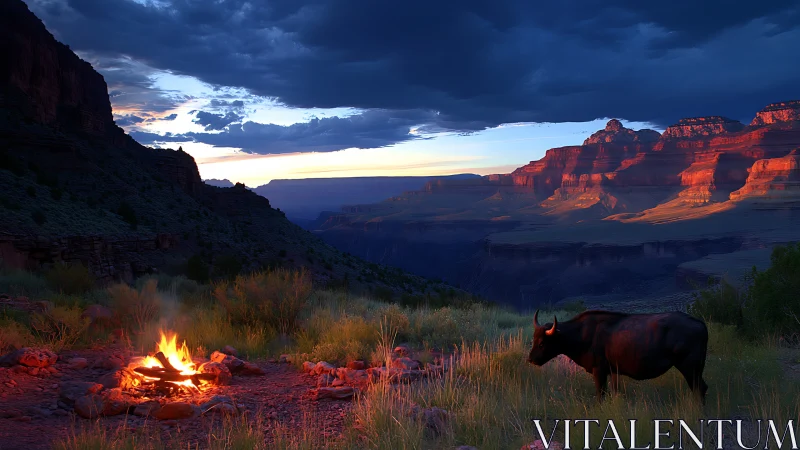 Twilight canyon rim campfire with grazing bison in warm rimlight