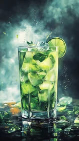 Mojito Cocktail with Lime Slice and Fresh Mint Garnish on Dark Surface