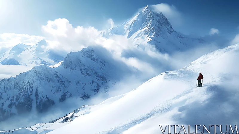 Lone mountaineer traverses bright snowy alpine ridge.