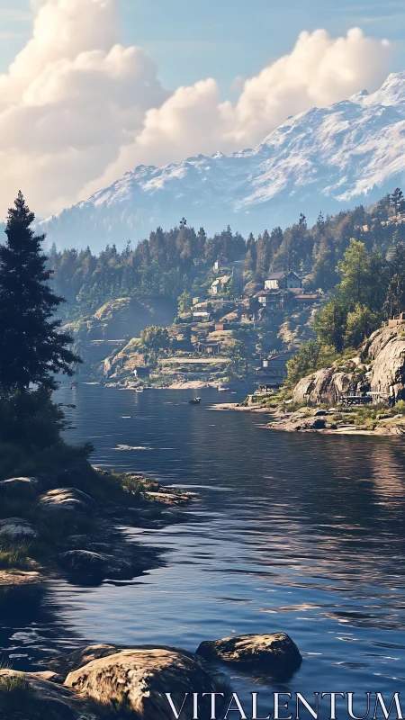 Digital painting of alpine lakeside village in vertical format.