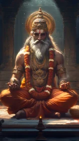 Regal sage in orange robes seated in a glowing temple hall.