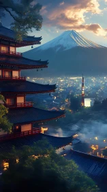Tiered pagoda overlooks illuminated city and distant volcano