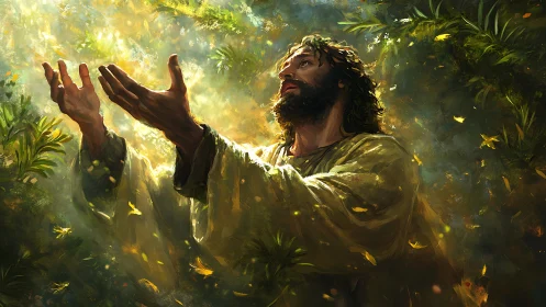 Forest-lit prophet lifts his hands toward cascading glory light