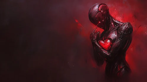 Cybernetic figure cradles a glowing red heart in darkness.