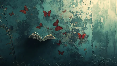 Open book levitates before decayed wall as red butterflies emerge