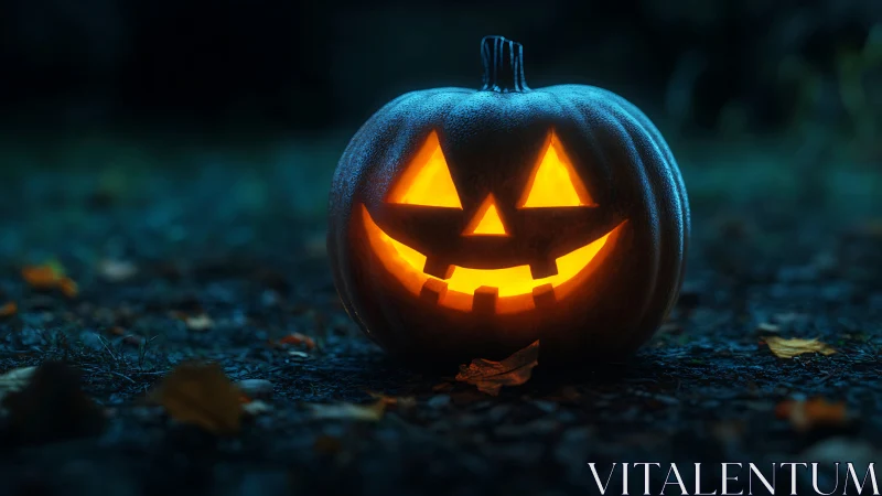 Glowing jack-o-lantern smiles warmly on a quiet autumn night