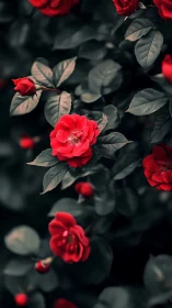 Crimson Roses in Shadow: Garden Romance.
