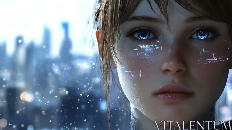 Cybernetic girl close up with glowing blue eyes in cityscape.