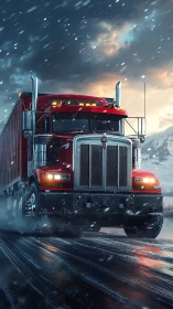 Red semi truck powers through icy mountain highway storm