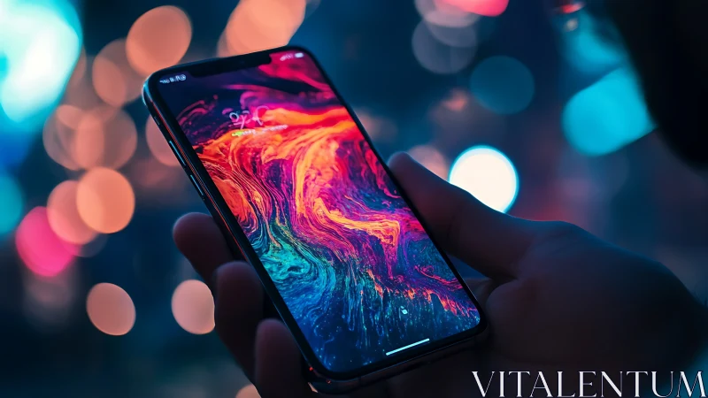 Hand holds smartphone displaying bright abstract wallpaper