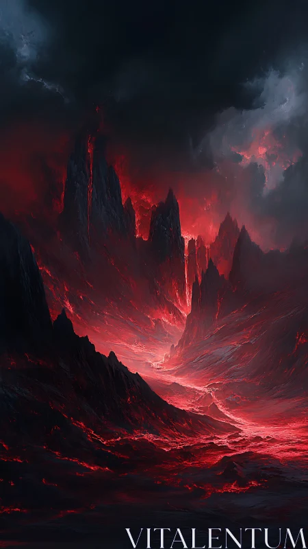 Volcanic basalt spires over incandescent magma valley under stormclouds.